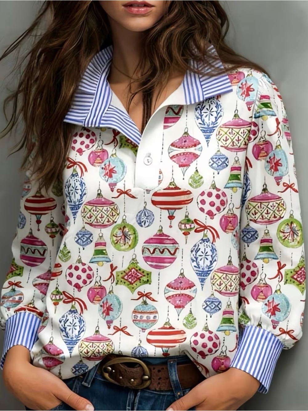 Festive Christmas Ornament Print Button-Down Blouse ruffled collar wide sleeve